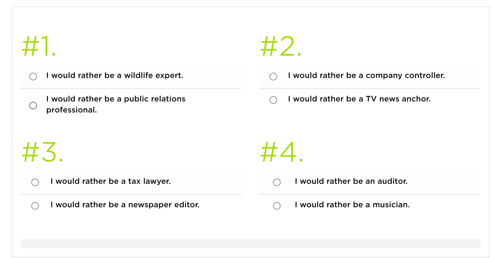 Career questionnaire asking students to choose between occupations including wildlife expert, public relations professional, company controller, and TV news anchor.