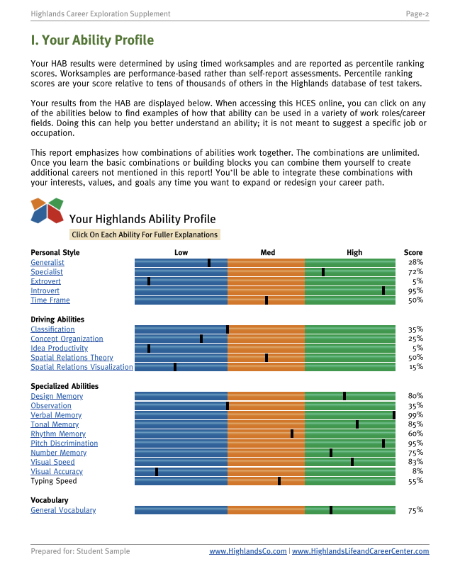 Sample Highlands ability profile showing personal style, driving abilities, and specialized abilities.
