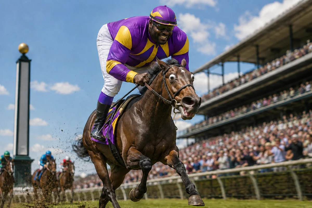 Illustration imagining Shaquille O’Neal riding a racehorse as a jockey